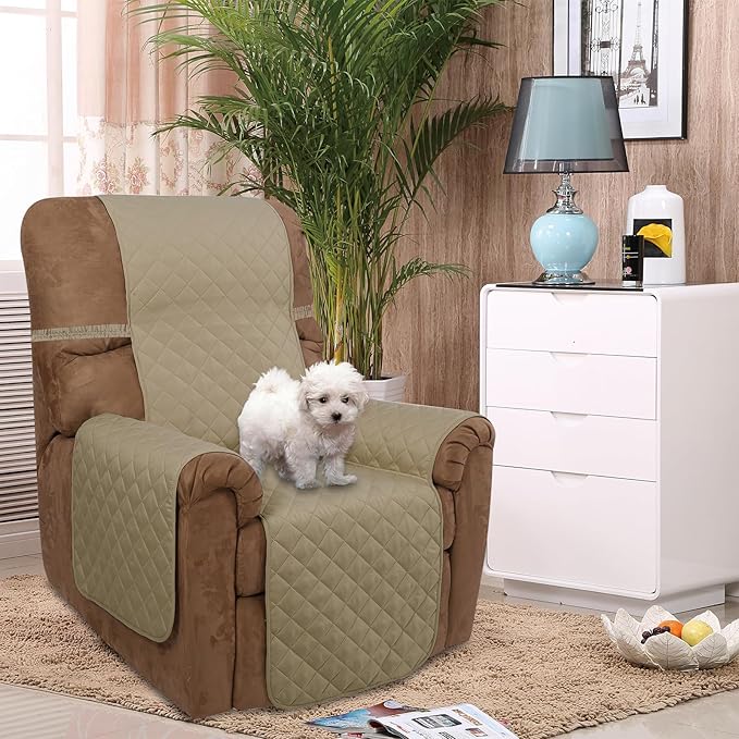U-NICE HOME Recliner Chair Covers Reversible Quilted Water Repellent Pet Protectors with Elastic Straps (23''Recliner Small, Light Camel/Beige)