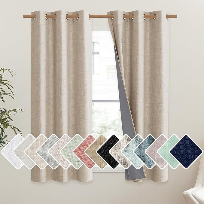 NICETOWN Cream 100% Blackout Linen Curtains 54 inch Long Burg for Dining Room, 1 Pair, 42" Width Each Panel, Farmhouse Thick Completely Blackout Window Treatment Thermal Insulated Drapes