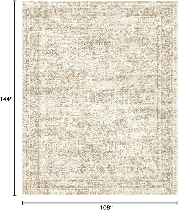 9x12 Area Rugs for Living Room, Non Slip Machine Washable Vintage Rugs, Low Pile Lightweight Large Rug for Bedroom, Dining Room, Home Office Beige
