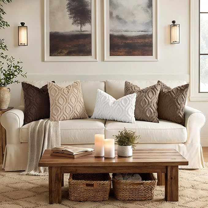 decorUhome Throw Pillow Covers 12x20 Inch Set of 2, Soft Plush Faux Wool Light Brown Solid Couch Pillow Covers, Accent Farmhouse Neutral Rectangle Pillow Cases for Sofa Bed Living Room