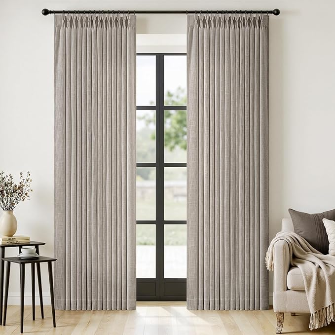 MIULEE Pinch Pleated Thick Linen Curtains 96 Inches Long 2 Panels for Living Room Bedroom, Memory Trained Pleat Drapes Light Filtering Taupe Semi Sheer Window Curtains Hooks Rings Back Tab