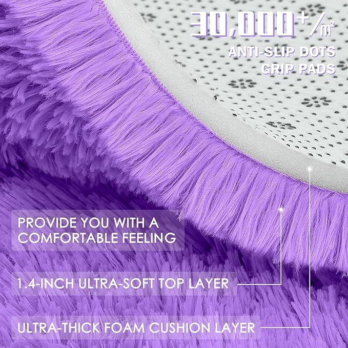 OLANLY Purple Round Rugs for Bedroom - Machine Washable, 6 ft Circle Area Rugs for Living Room, Soft and Fluffy Shaggy Carpet for Teen Girls and Boys, Nursery Rooms, Dorms, Home Decor Aesthetic