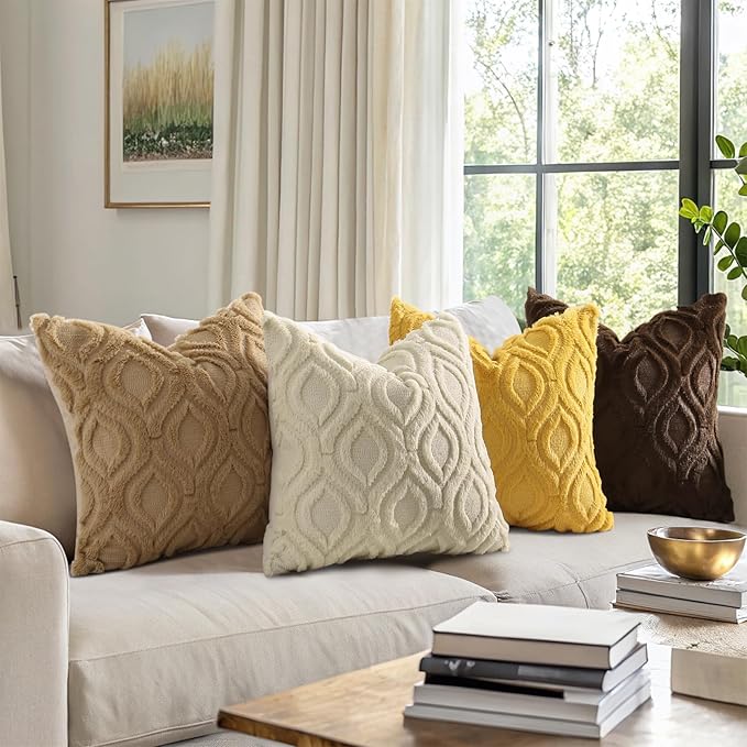 decorUhome Throw Pillow Covers 24x24 Inch Set of 2, Soft Plush Faux Wool Khaki Solid Couch Pillow Covers, Accent Euro Sham Farmhouse Neutral Square Pillow Cases for Sofa Bed Living Room