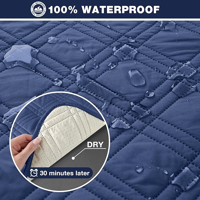 TAOCOCO 100% Waterproof Recliner Sofa Cover, Non Slip Split Couch Covers for Reclining Couches with Straps, Washable Reclining Sofa Cover Furniture Protector for Kids Pets(3 Seater, Ocean Blue)