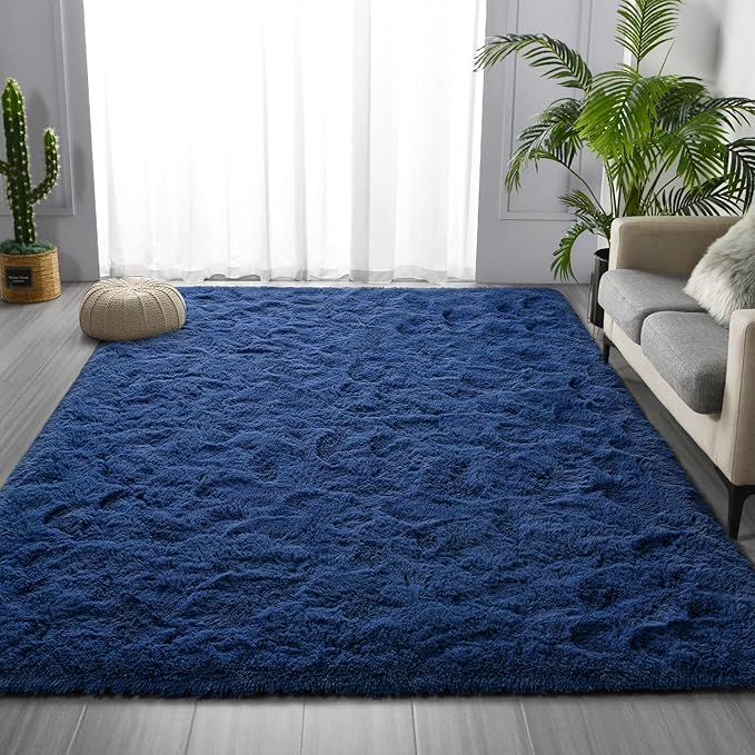 Deerhoo Large Shag Area Rugs 5 x 8, Plush Fuzzy Rugs for Living Room, Ultra Soft Fluffy Furry Rug for Bedroom, Indoor Carpet Nursery Rugs for Kids Room Home Decor, Navy Blue