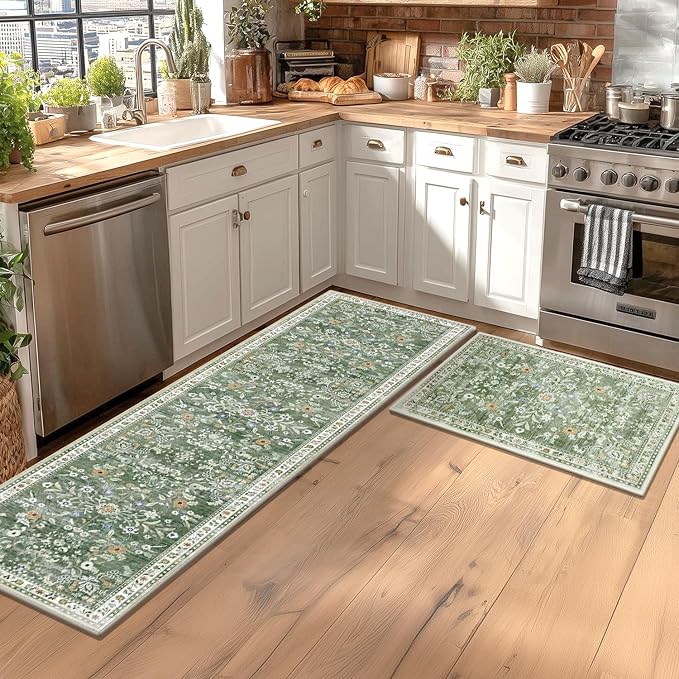 Yamaziot Washable Runner Rug 2x3 – Floral Non Slip Small Entryway Rug with Rubber Backing, Low Pile Faux Wool Distressed Carpet for Indoor Door Mat, Kitchen, Laundry Entrance, Green