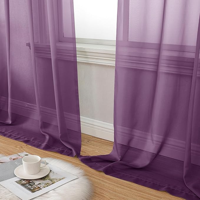 Aiyufeng Plum Purple Sheer Curtains 63 Inches Long 2 Panels Set, Solid Voile Top Dual Rod Pockets Stylish Breathable Drapes Window Treatment for Kid's Room/Bedroom/Living Room, 40W x 63L inches