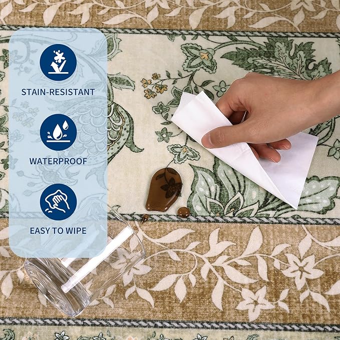 GarveeHome Terracotta Olive Sage Green Washable 6x9 Area Rugs, Botanical Grove Vintage Cottagecore Non-Slip Rug for Living Room Bedroom Nursery Kitchen Low-Pile Retro Large Carpet