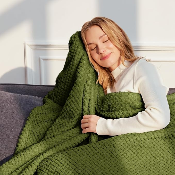 Whale Flotilla Queen Size Fuzzy Fleece Blanket, Fluffy Warm Soft Jacquard Bed Blankets for All Season, Lightweight and Cozy, 90x90 Inch, Olive