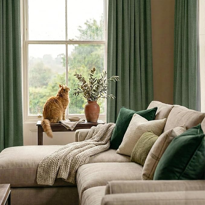 RYB HOME Olive Green 100% Blackout Linen Curtains 90 inches Long, Luxury Thermal Insulated Room Darkening Drapes for Living Room/Bedroom/Sliding Doors, Back Tab&Rod Pocket, W52xL90, 2 Panels