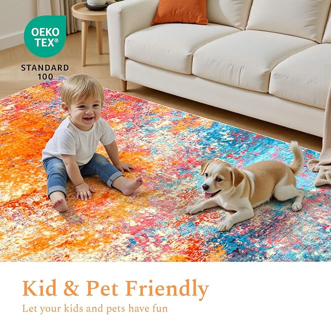 Rugflix 4x6 Area Rugs for Living Room, Washable Large Multicolor Rug Stain-Resistant Low Pile, Modern Carpet for Dining Room Home Office Kid Room Nursery Bedroom, Colorful Rainbow
