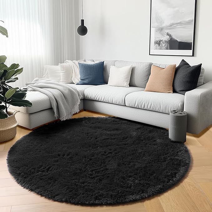 ONASAR Black Round Area Rugs 6ft, Ultra Soft Bedroom Circle Rug for Kids Girls Boys Teen Room, Fluffy Plush Shaggy Carpet Floor Mats for Baby Nursery Living Room Playroom Dorm Home Decor