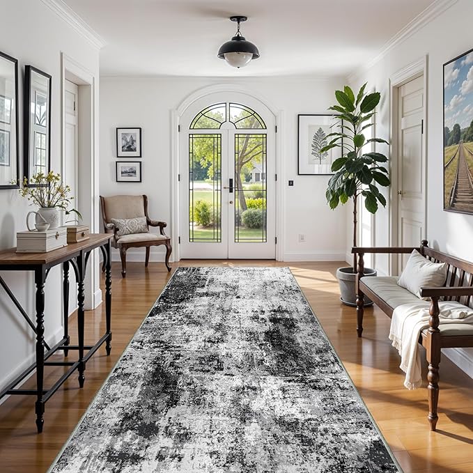 4x8 Wide Washable Runner Rug: Easy-to-Clean Runners for Hallway Entryway Kitchen Bedroom Living Room - Stain and Water Resistant Rugs with Non-Slip Backing - Soft Low-Pile Carpet Black Grey