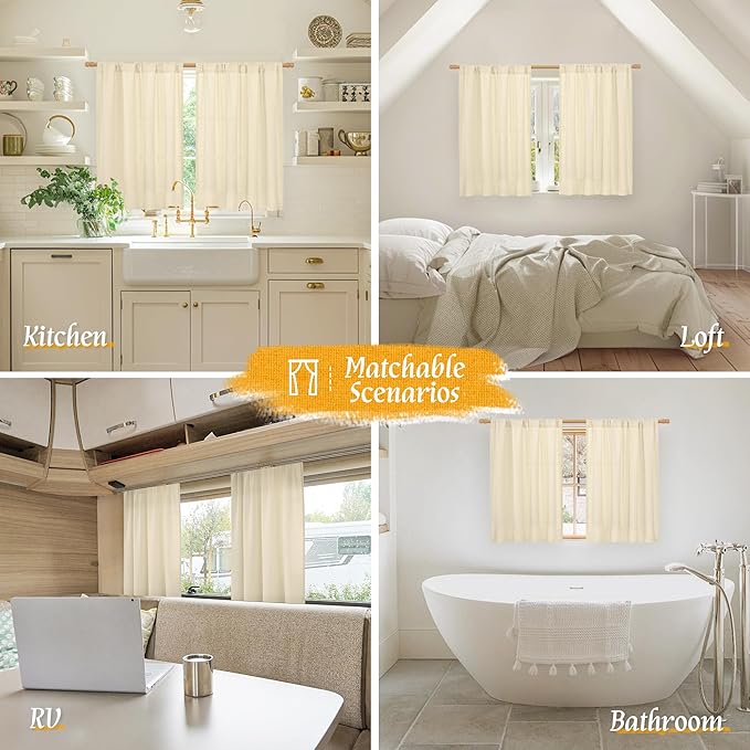 LAMIT Beige Linen Curtains for Windows 2 Panels Set, 48 Inch Linen Textured Light Filtering Bedroom Drapes Rod Pocket Boho Window Treatment Panels for Farmhouse/RV Camper/Loft, 42 x 48 Inch