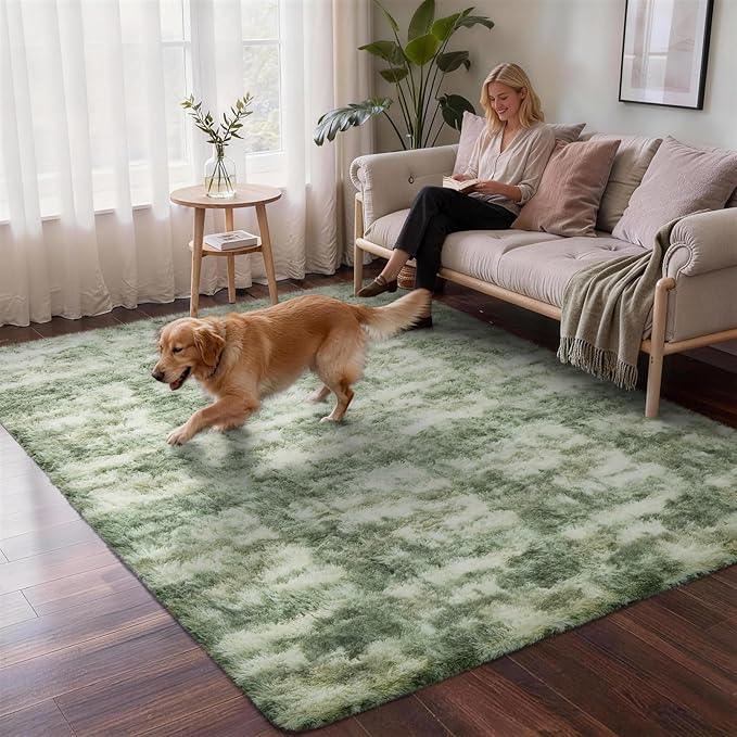 Ophanie Green and White Area Rugs for Living Room 5x7, Fluffy Shag Large Fuzzy Plush Soft Carpets, Floor Shaggy Rugs for Bedroom, Carpet for Kids Boys Girls Dorm Nursery Home Decor Aesthetic