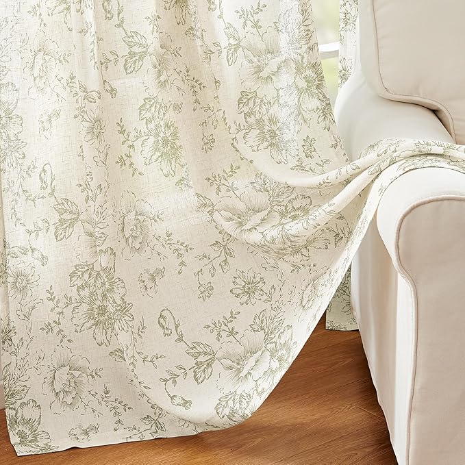 jinchan Linen Blend Floral Curtains for Living Room 90 Inch Length Farmhouse Printed Curtain Rod Pocket Back Tab Sage Green Peony Flower Patterned Drapes Bedroom Curtains Set 2 Panels