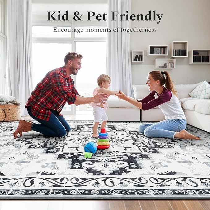 Rugflix 5x7 Area Rug for Living Room, Machine Washable Area Rugs with Non-Slip Backing, Large Soft Boho Vintage Rug for Bedroom, Dining Room, Low Pile Carpet, Kids Pet Friendly, Grey