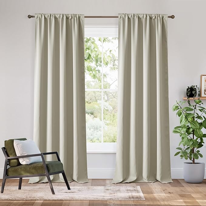 RYB HOME Bedroom Blackout Curtains 80 inches Long, 100% Blackout Thermal Insulated Noise Reducing Curtains for Living Room Nursury, 42 inches Wide by 80 inches Long, Natural