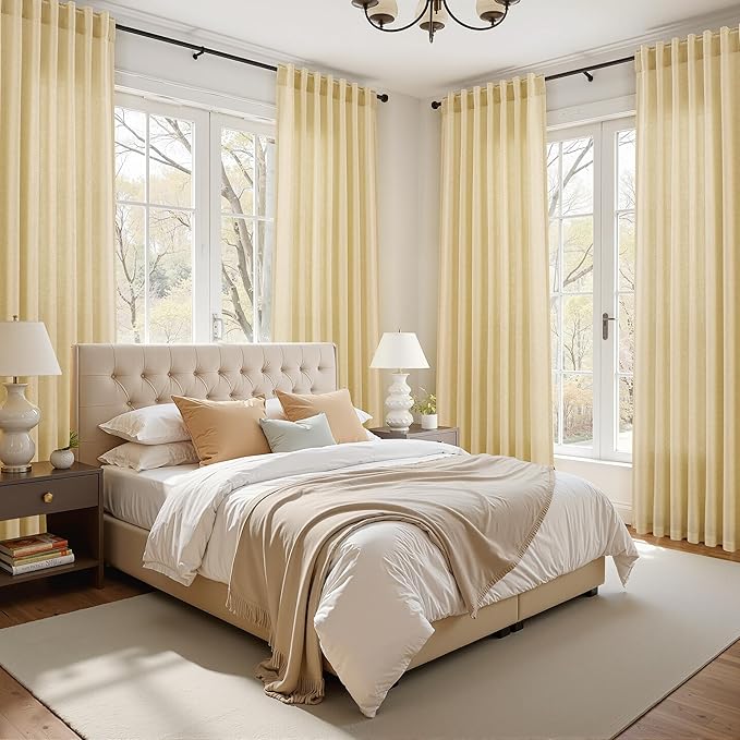 Nanspring Cream Yellow Linen Curtains 90 Inches Long for Living Room Light Filtering Modern Farmhouse Sheer Curtains Back Tab and Rod Pocket Curtain for Bedroom Office 52x90, 2 Panels