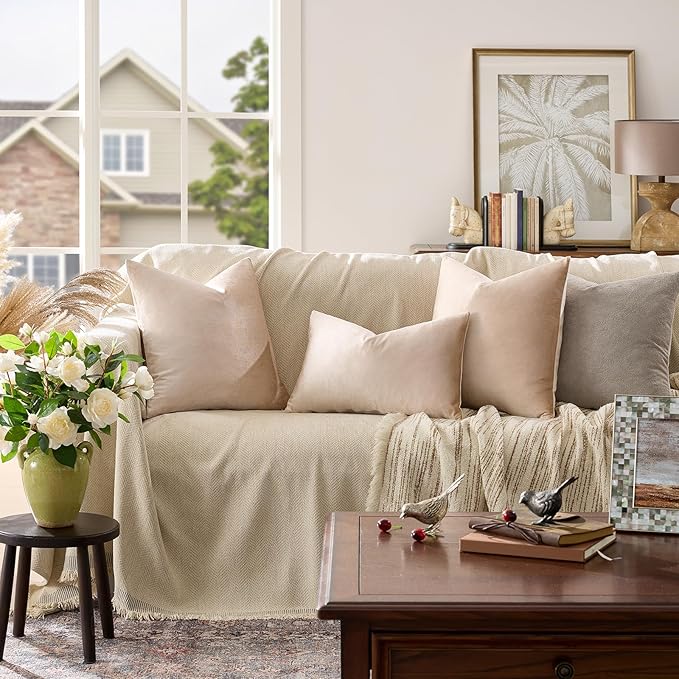 GIGIZAZA 24x24 Beige Pillow Covers: Pack of 2 Champagne Vintage Throw Pillows Super Soft Velvet Covers - Decorative Elegant Square Big Solid Cushion Covers Used for Couch,Living Room,Bedroom