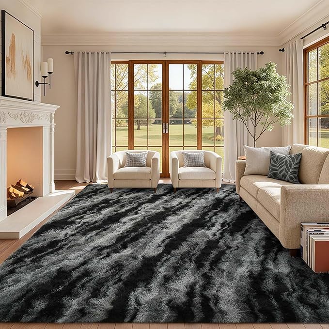 Area Rugs for Living Room, 6x9 Feet Soft Fluffy Shagg Plush Rug High Pile Large Non-Slip Floor Carpet for Bedroom Nursery Dorm Decor Aesthetic Black