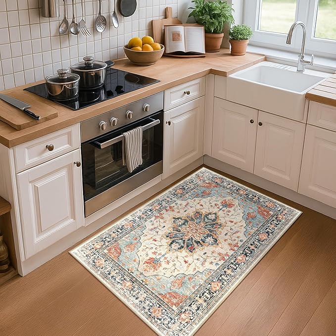 RELEANY Area Rugs 2'x3' Washable Non-Slip, Floral Vintage Distress Print Pattern Medallion Carpet for Living Room Bedroom Dining Room, Beige Navy Blue Orange Colorful
