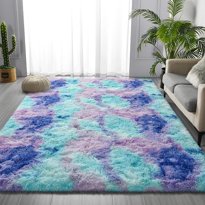 Deerhoo Large Shag Area Rugs 5 x 8, Tie-Dyed Plush Fuzzy Rugs for Living Room, Ultra Soft Fluffy Furry Rug for Bedroom, Indoor Carpet Nursery Rugs for Kids Room Home Decor, Rainbow