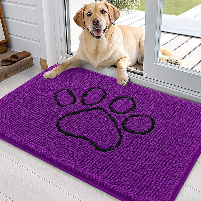 OLANLY Dog Door Mat for Muddy Paws 36x24, Paw Print Design, Absorbs Moisture and Dirt, Absorbent Non-Slip Washable Doormat, Quick Dry Chenille Mud Mat for Dogs, Entry Indoor Entryway Carpet, Purple