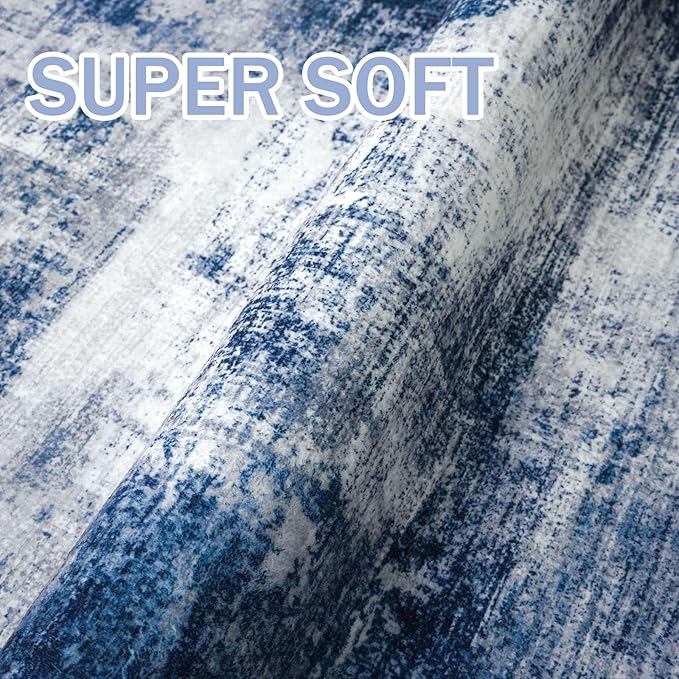 IOHOUZE Abstract Area Rugs 8x10 Ft Washable Large Rugs for Living Room, Non Slip Dining Room Rug, Printed Faux Wool Rugs for Bedroom, Floor Carpet for Office Nursery Playroom, Navy/Grey