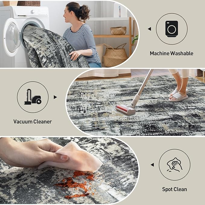 5x7 Area Rugs Washable Rug: Modern Abstract Living Room Rug Soft Anti-Skid Thin Carpet Indoor Floor Non-Shedding Carpets for Bedroom Dining Room Farmhouse Nursery Home Office Black Grey Gold