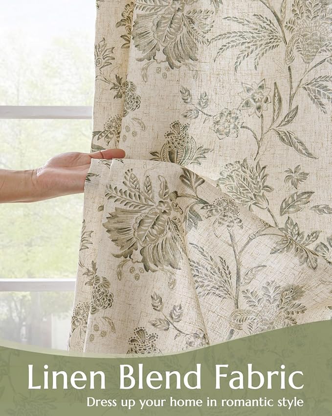 jinchan Lined Linen Floral Curtains for Living Room, 84 Inch Length Printed Flower Farmhouse Patterned French Country Back Tab Green Window Drapes Set Privacy Bedroom Curtains, 2 Panels