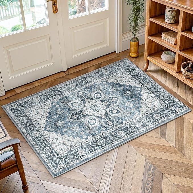 AMADA HOMEFURNISHING 2x4 Washable Area Rug, Low-Profile Entryway Rug with Non-Slip Backing & Durable Edge Binding, Vintage Rug Pattern, Small Rugs for Entryway, Kitchen & Living Room