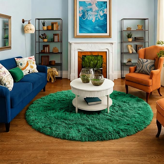 Amdrebio Dark Green Round Rug 4Ft for Bedroom, Fluffy Fuzzy Circle Area Rugs for Living Room Decor, Shaggy Emerald Green Rugs for Kids, Teen Boys, Baby Nursery, Furry Plush Floor Carpet for Classroom