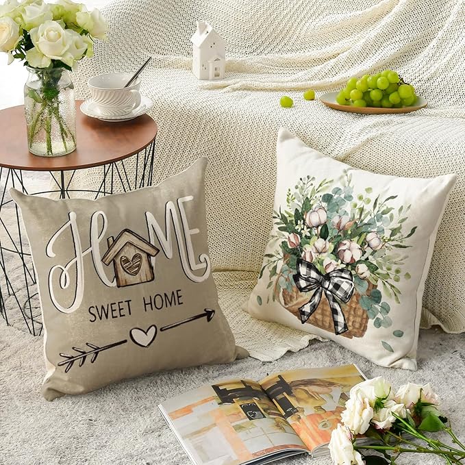 AVOIN Colorlife Bless Our Home Farmhouse Eucalyptus Leaves Throw Pillow Covers, 16 x 16 Inch Truck Home Sweet Cushion Case Decorations Set of 4