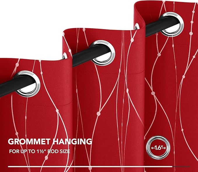 Deconovo Christmas Curtains, Red Drapes, Blackout Curtain, Thermal Insulated Soundproof Drape, Wave Line Dot Foil Print, 52 x 72 Inch, 2 Panels, Machine‑Washable Window Panel for Party Living Room