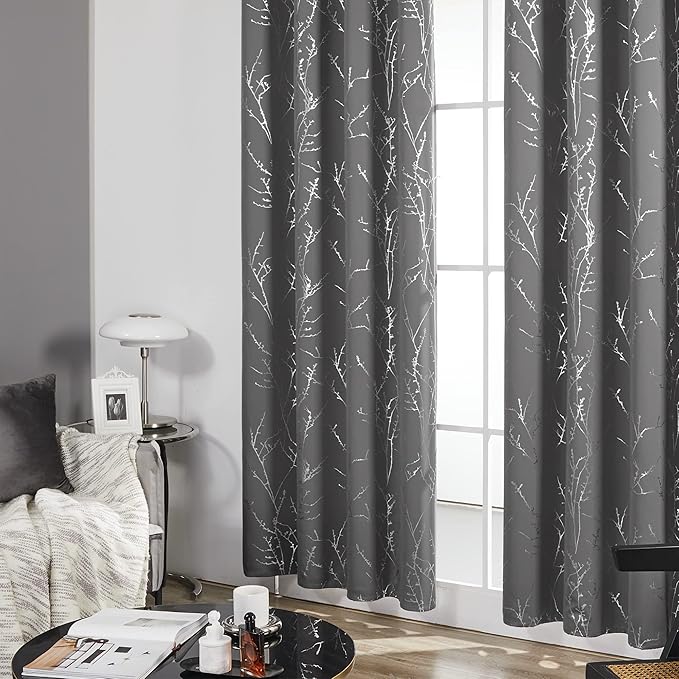 Deconovo Blackout Curtains 95 Inches Long, Light Gray Drapes for Living Room, Branch Silver Print, Soundproof Thermal Insulated Privacy Window Curtain for Bedroom Nursery, Set of 2, Machine Washable