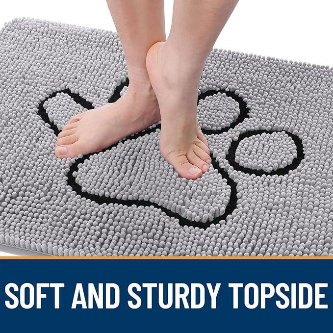 OLANLY Dog Door Mat for Muddy Paws 36x24, Paw Print Design, Absorbs Moisture and Dirt, Non-Slip Washable Doormat, Quick Dry Chenille Mud Mat for Dogs, Entry Indoor Entryway Carpet, Light Grey