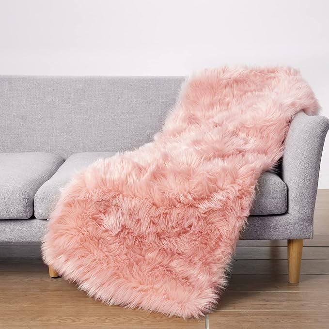 Ciicool Pink Fur Fluffy Rug, 2x4 ft Small Faux Fur Rugs for Bedroom, Washable Faux Sheepskin Carpet for Sofa Couch Seat Cushion, Thick Shaggy Furry Rugs Floor Carpets for Bedside Living Room