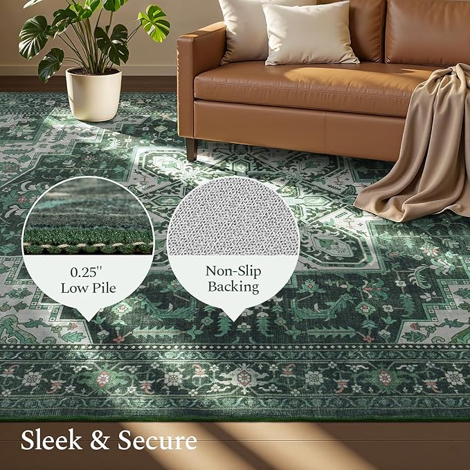 Rugflix 8x10 Area Rugs for Living Room, Machine Washable Rug Non Slip Stain Resistance, Large Rug Vintage Distressed Soft Carpet for Bedroom, Dining Room, Home Office, Green