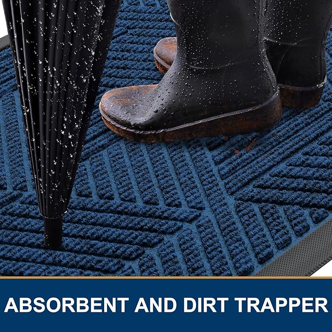 Smiry Front Door Mat Outside Entrance, Heavy Duty Sturdy Natural Rubber Doormat, Trap Dirt and Moisture, Easy Clean Low Profile Welcome Floor Mats for Indoor Outdoor Entry, 35X23 Inch, Medium Blue