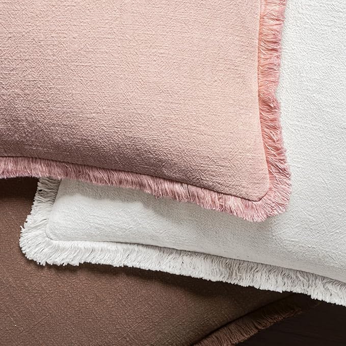 MIULEE Decorative Throw Pillow Covers Neutral Linen Fringe Throw Pillows Set of 2 White Boho Farmhouse Cushion Covers with Tassels for Couch Sofa Bed Living Room Home Spring Decor 18x18 Inch