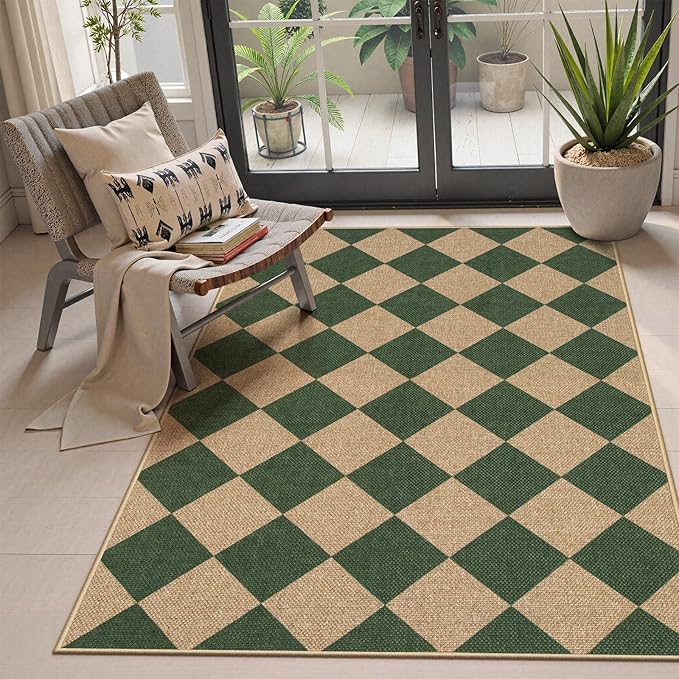 Lahome Colette Checkered Outdoor Patio Easy Jute Rug, 3x5 Dark Green Washable Front Porch Door Rug, Farmhouse Indoor Outdoor Carpet Non Slip Non Shedding Carpet for Entryway Living Room Deck