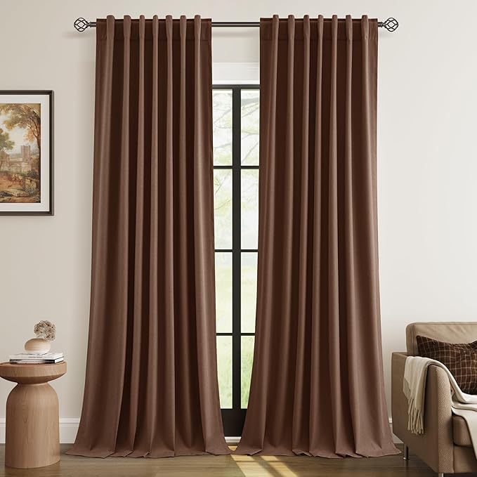 Rustic Brown 100% Blackout Linen Curtains 108 Inch Length 2 Panels Set for Living Room Bedroom Back Tab Thermal Insulated Black Out Drapes Room Darkening Farmhouse Style for Bedroom Window Curtains