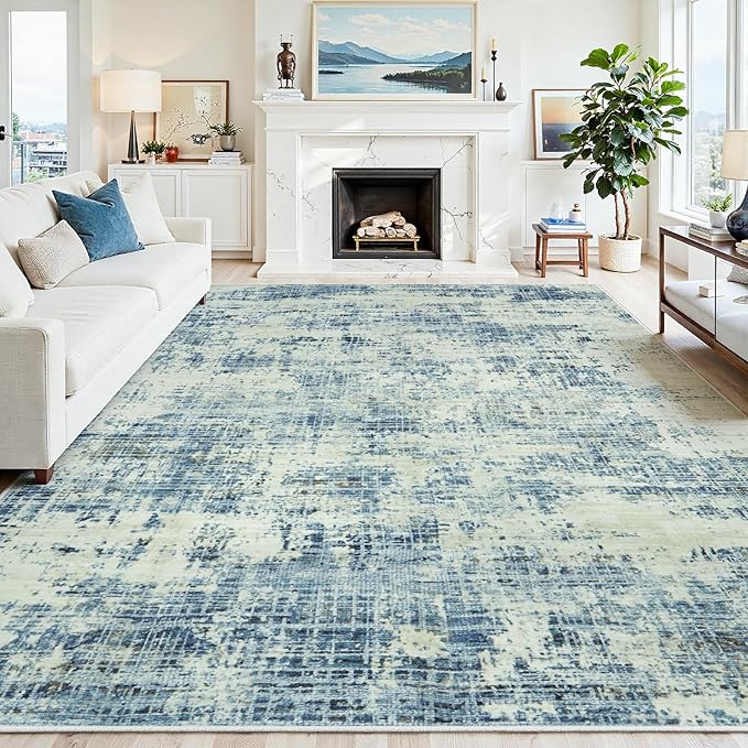 9x12 Area Rugs for Living Room Washable Rug: Anti-Skid Abstract Modern Living Room Rug Soft Thin Carpets Indoor Floor Non-Shedding Carpet for Bedroom Dining Farmhouse Nursery Blue Gray Gold