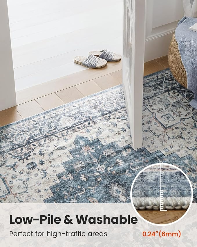 AMADA HOMEFURNISHING 10x14 Washable Area Rug, Low-Profile Large Area Rug with Non-Slip Backing & Durable Edge Binding, Vintage Large Rugs for Living Room, Bedroom & Dinning Room