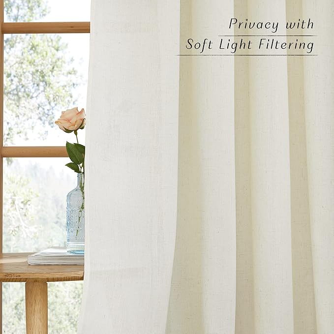 NICETOWN Thick Linen Curtains Extra Long 120 inch Length, Rustic Grommet Privacy Added Vertical Flax Semi Sheer Panels for Farmhouse/Living Room, Off White, W55 x L120, 2 Panels