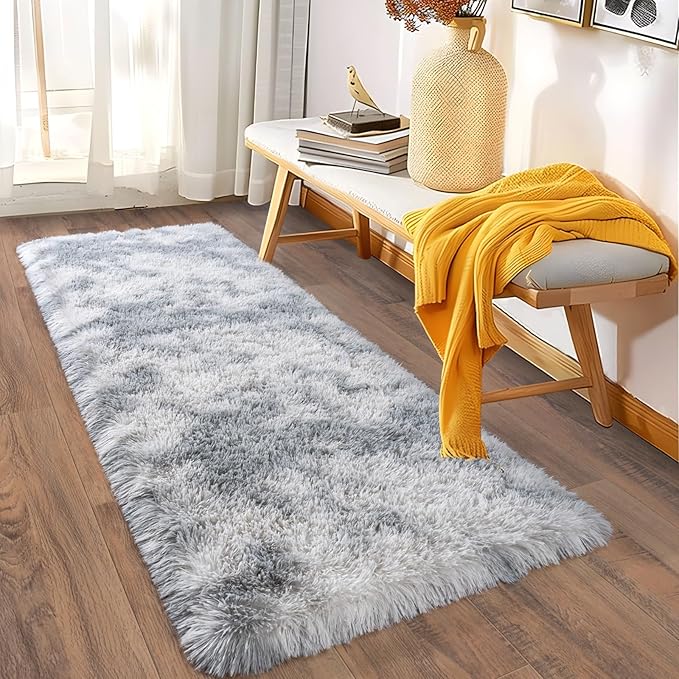 Ultra Soft Runner Rugs for Bedroom Hallways with Upgraded Non-Slip Rubber Backing & Thick Memory Sponge, 2x8 Feet Fluffy Shag Throw Area Rug for Bedside Dorm Tie-dye Light Grey