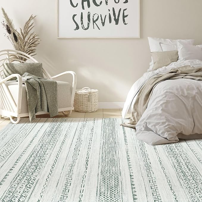 Nakagishi Green Rug Living Room 5x8: Washable Boho Large Neutral Farmhouse Soft Area Rugs Modern Stain Resistant Moroccan Indoor Non-Slip Floor Carpet for Bedroom Nursery Kids Playroom Office