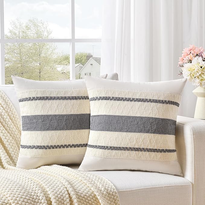 Fancy Homi Set of 1 Neutral Grey Farmhouse Big Decorative Throw Pillow Covers 24x24 Inch for Couch Bed Chair, Vintage Country Rustic Retro Room Decor, Soft Thick Cotton Handmade Woven Cushion Case