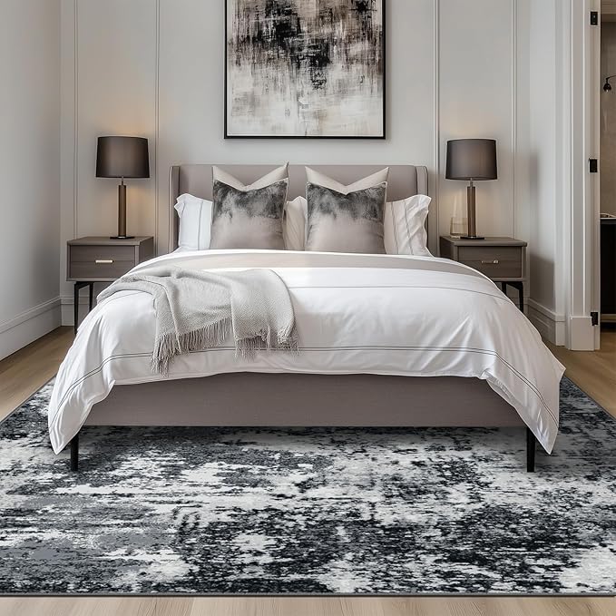 Washable Area Rugs 5'x8' Non-Slip Modern Abstract Soft for Living Room Entryway Bedroom Nursery, Print Pattern, Black Navy Blue Gray